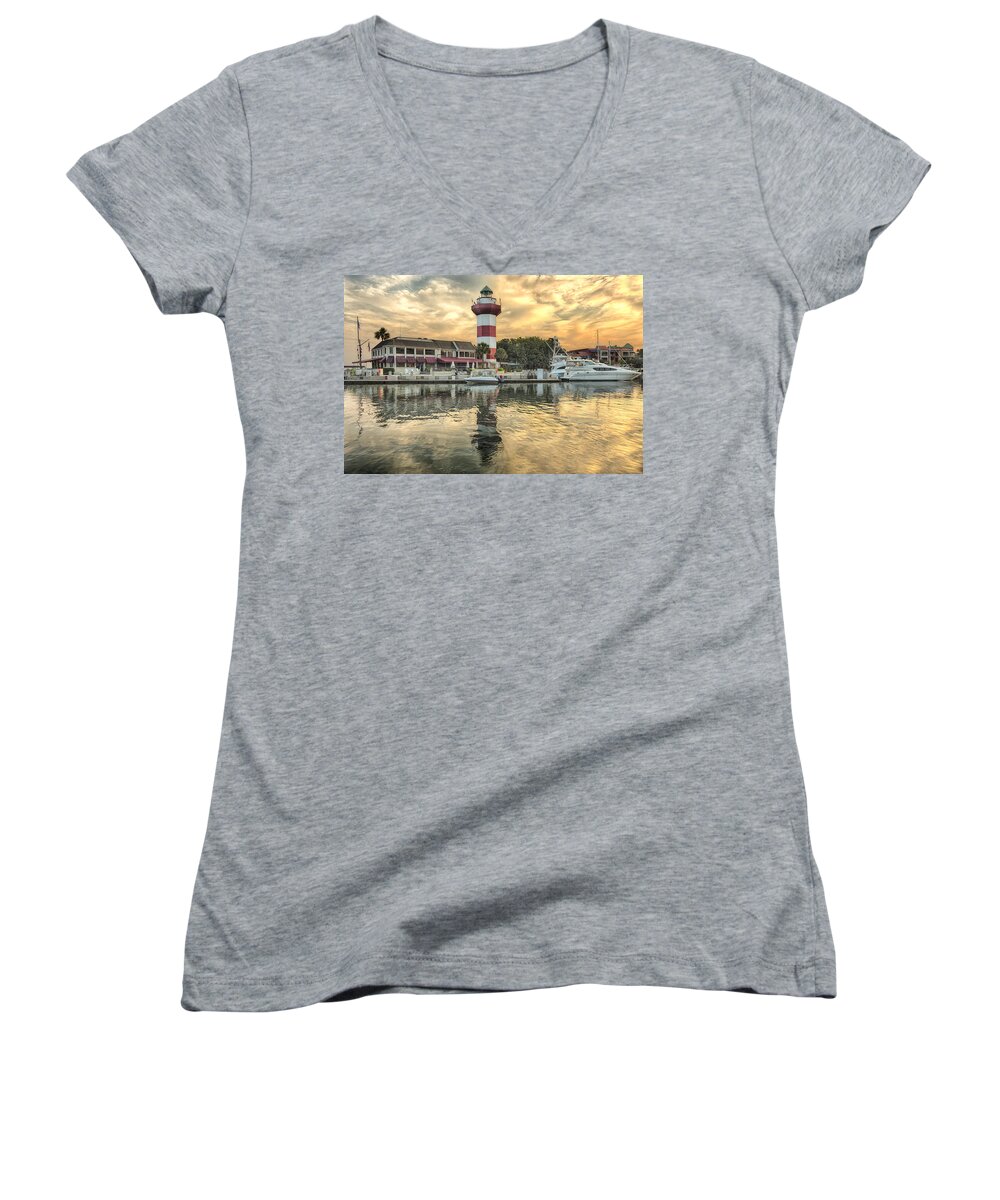 America Women's V-Neck featuring the photograph Lighthouse on Hilton Head Island #9 by Peter Lakomy