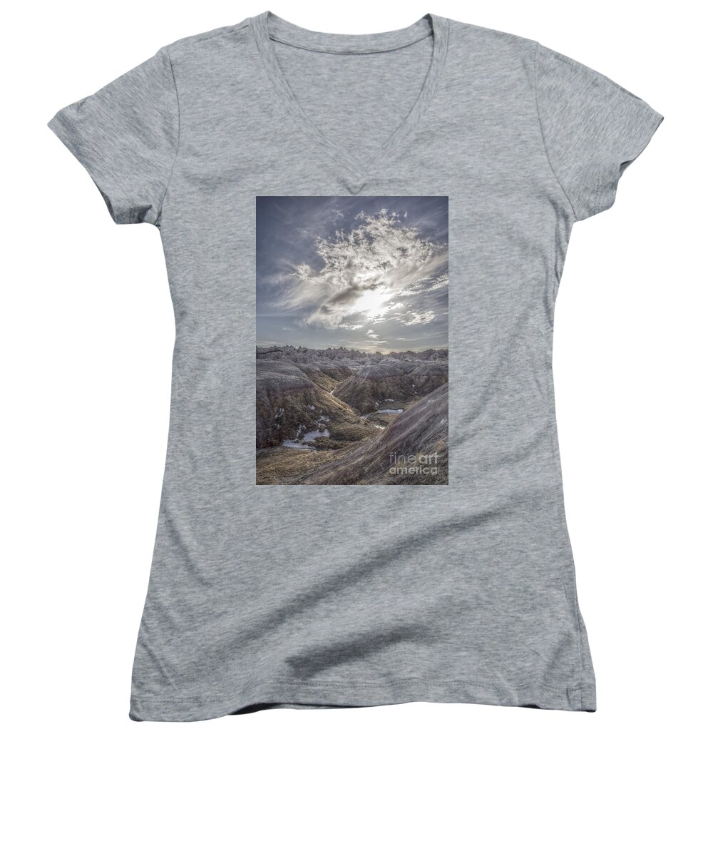 Badlands Women's V-Neck featuring the photograph A Badlands Afternoon by Steve Triplett