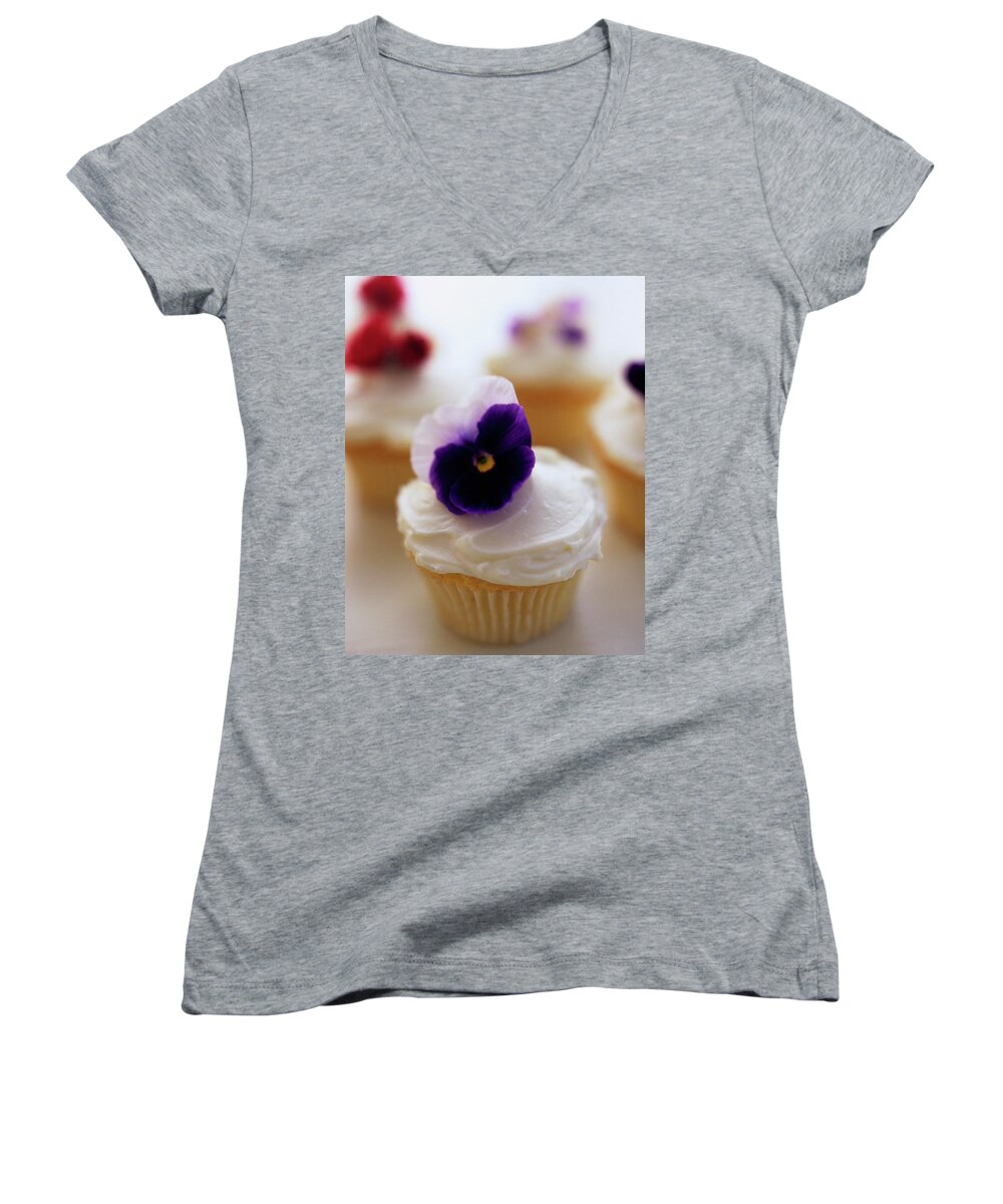 Bridal Women's V-Neck featuring the photograph A Cupcake With A Violet On Top by Romulo Yanes