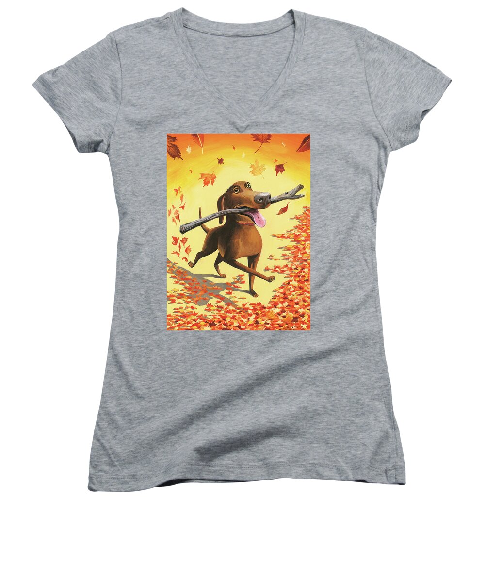Dog Women's V-Neck featuring the digital art A Dog Carries A Stick Through Fall Leaves by Mark Ulriksen