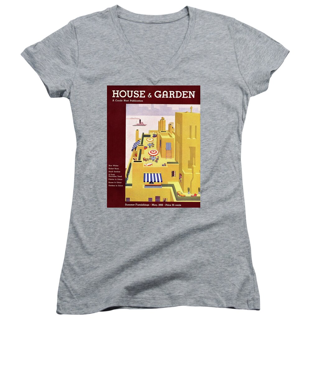Illustration Women's V-Neck featuring the photograph A House And Garden Cover Of An Apartment Building by Gilbert Bates