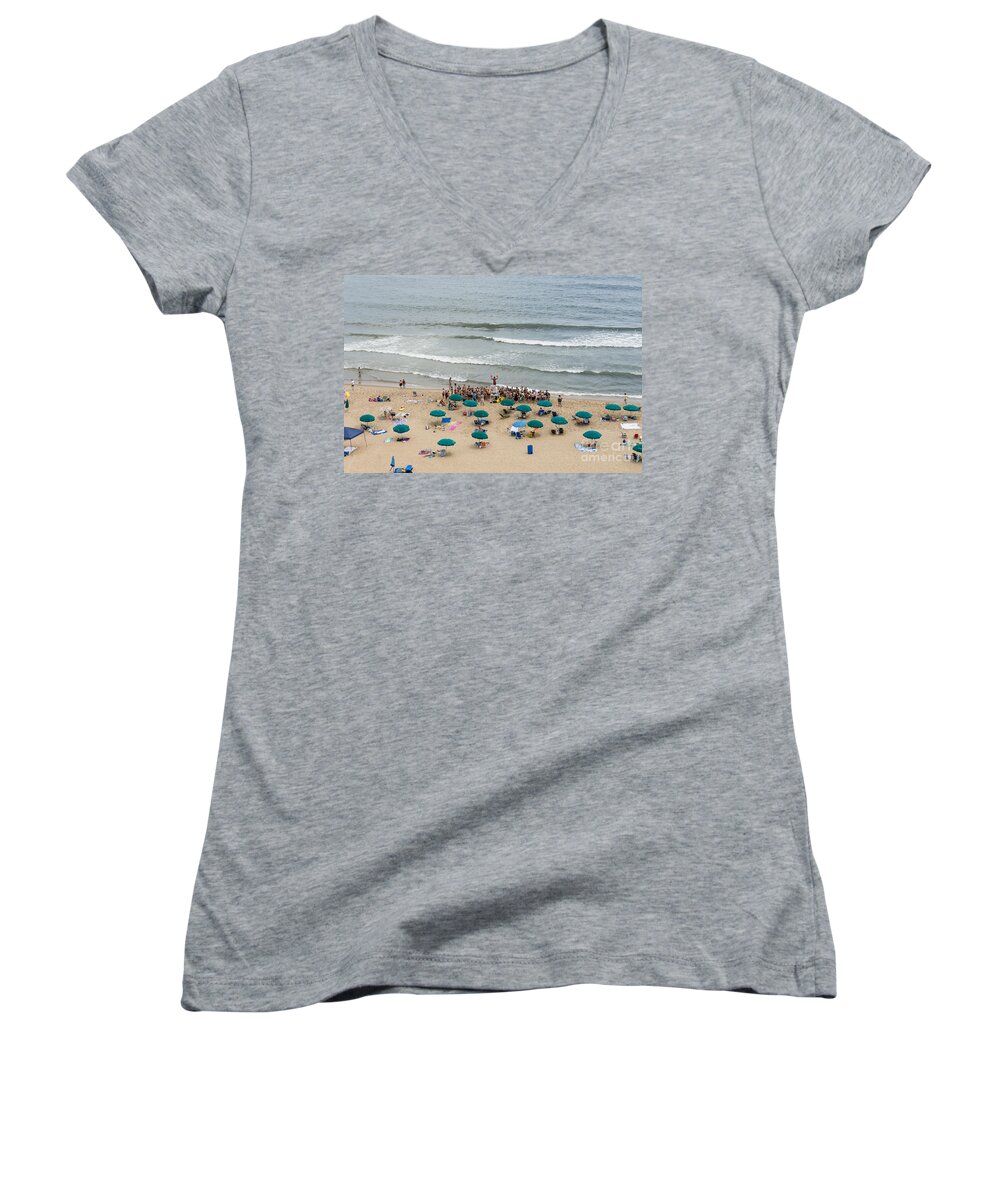 Atlantic Women's V-Neck featuring the photograph A lifeguard gives a safety briefing to beachgoers in Ocean City Maryland by William Kuta