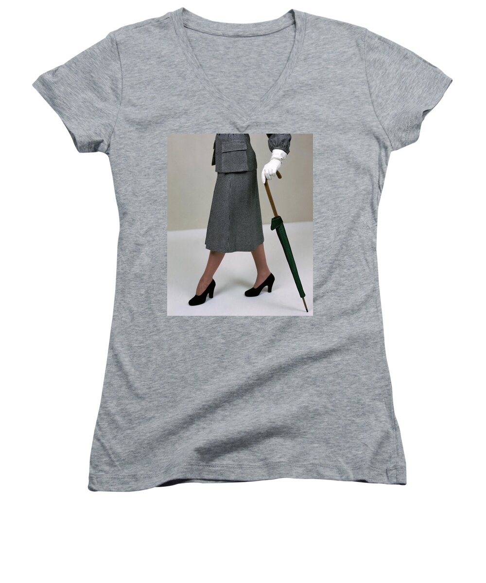 Accessories Women's V-Neck featuring the photograph A Model Holding An Umbrella by Serge Balkin