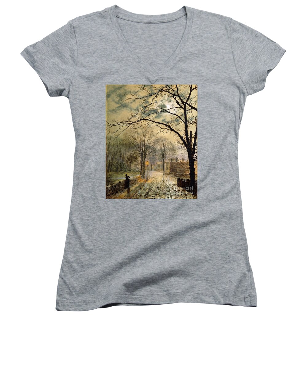 British Women's V-Neck featuring the painting A Moonlit Stroll Bonchurch Isle of Wight by John Atkinson Grimshaw