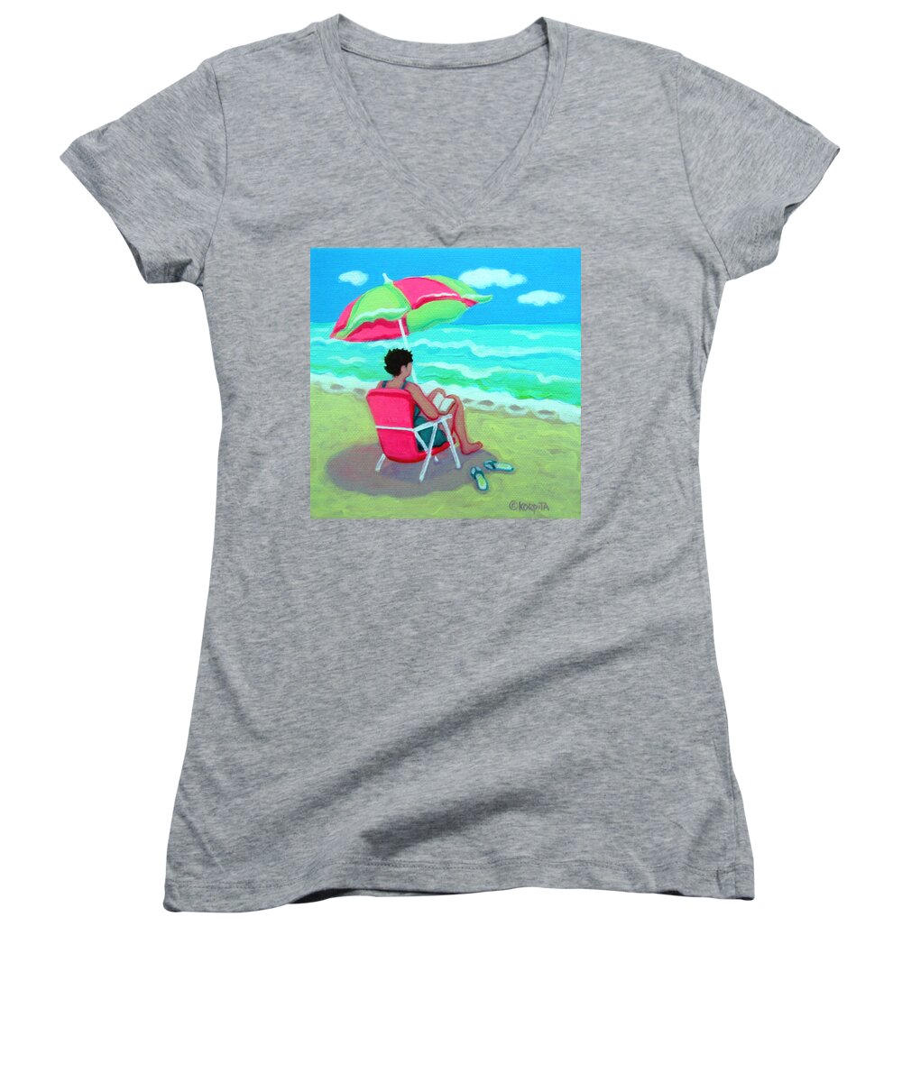 Woman Reading On Beach Women's V-Neck featuring the painting A Perfect Day - Reading on the Beach by Rebecca Korpita