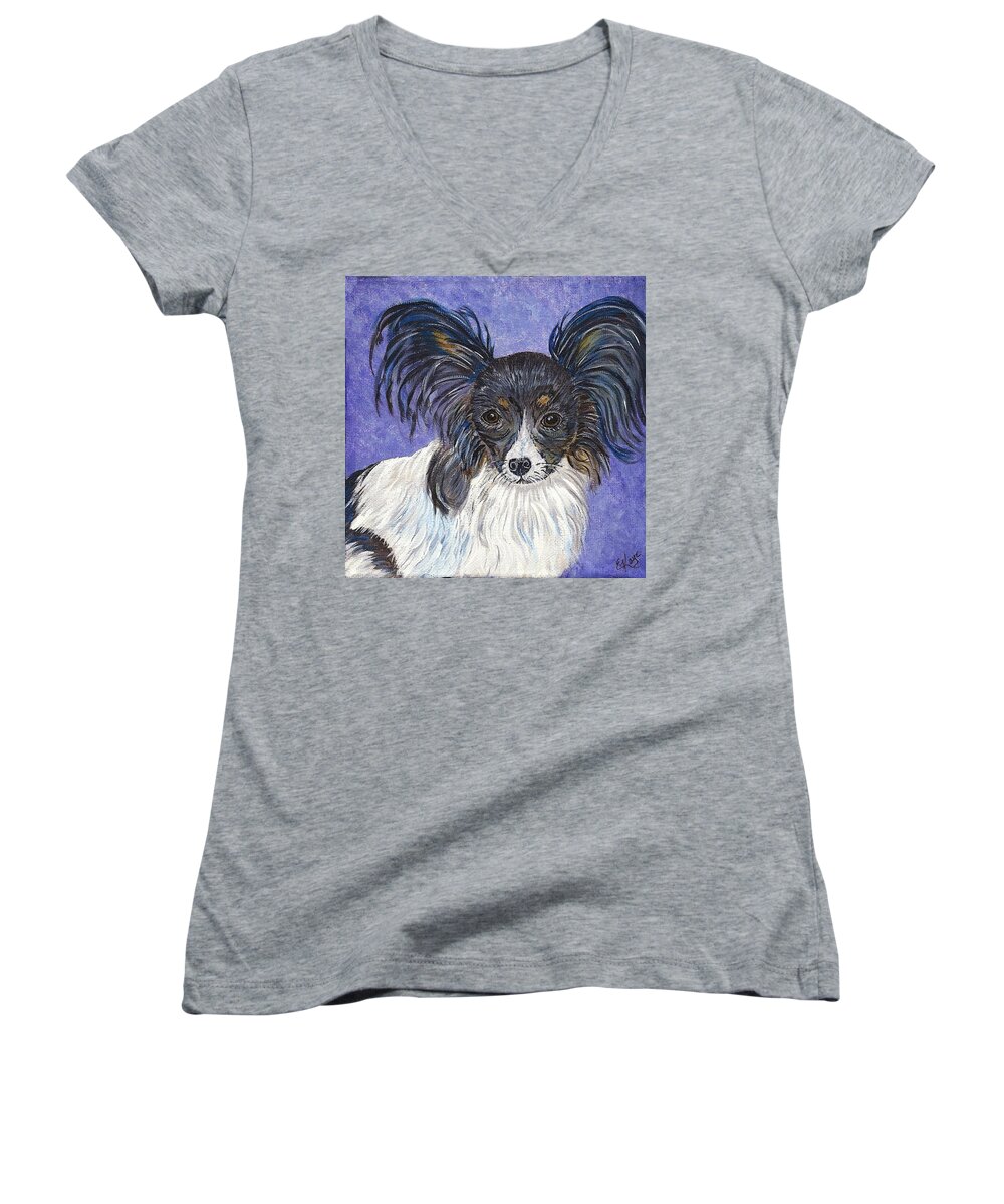 Dog Women's V-Neck featuring the painting A Royal Papillon by Ella Kaye Dickey