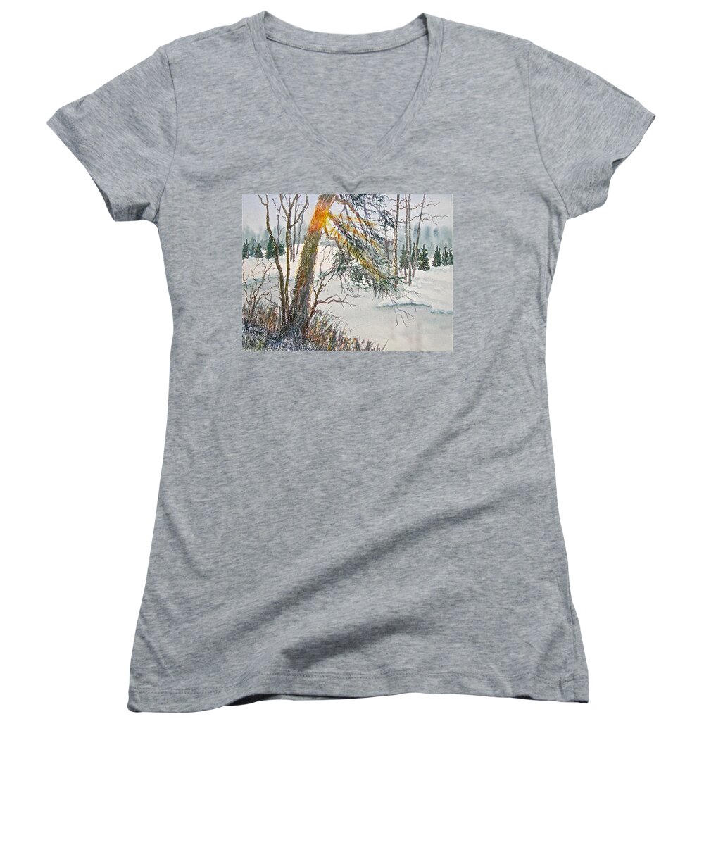 Watercolor Women's V-Neck featuring the painting A Slice of Winter Sunshine by Carolyn Rosenberger