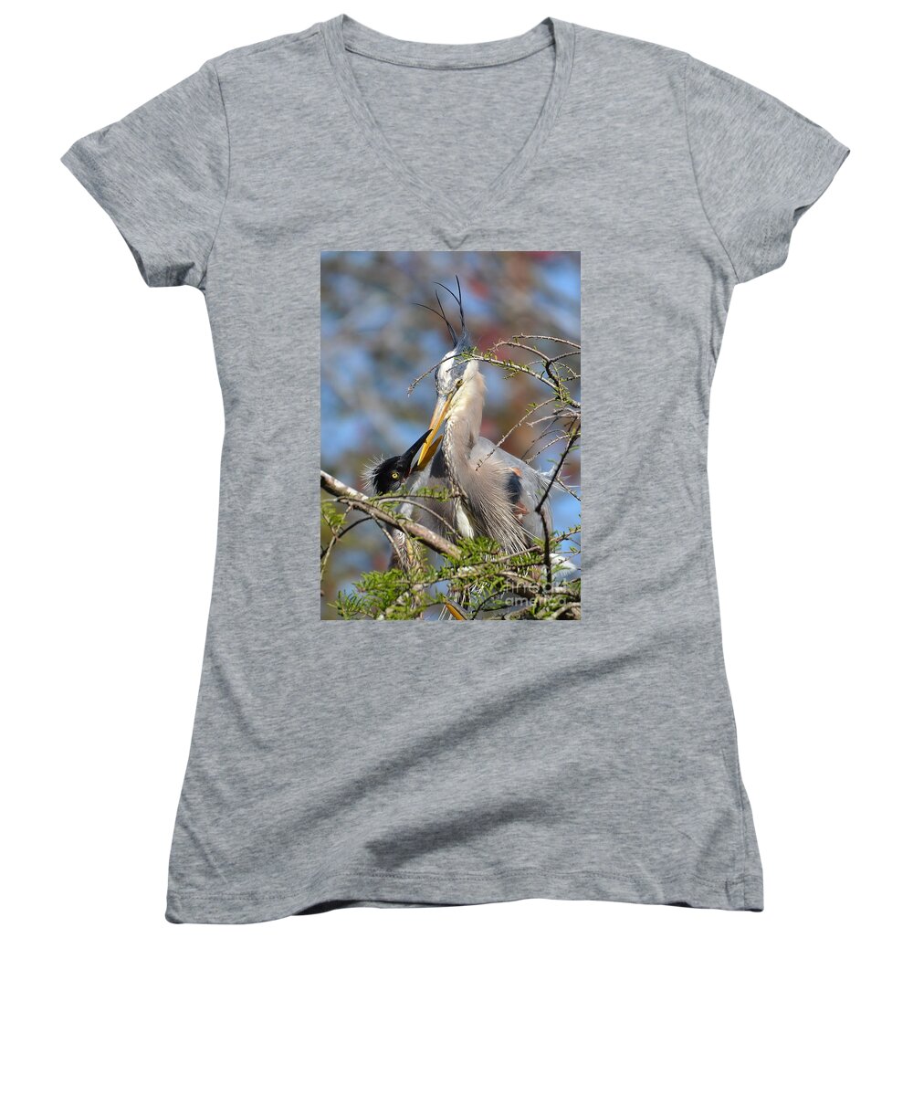 Heron Women's V-Neck featuring the photograph A Special Moment by Kathy Baccari