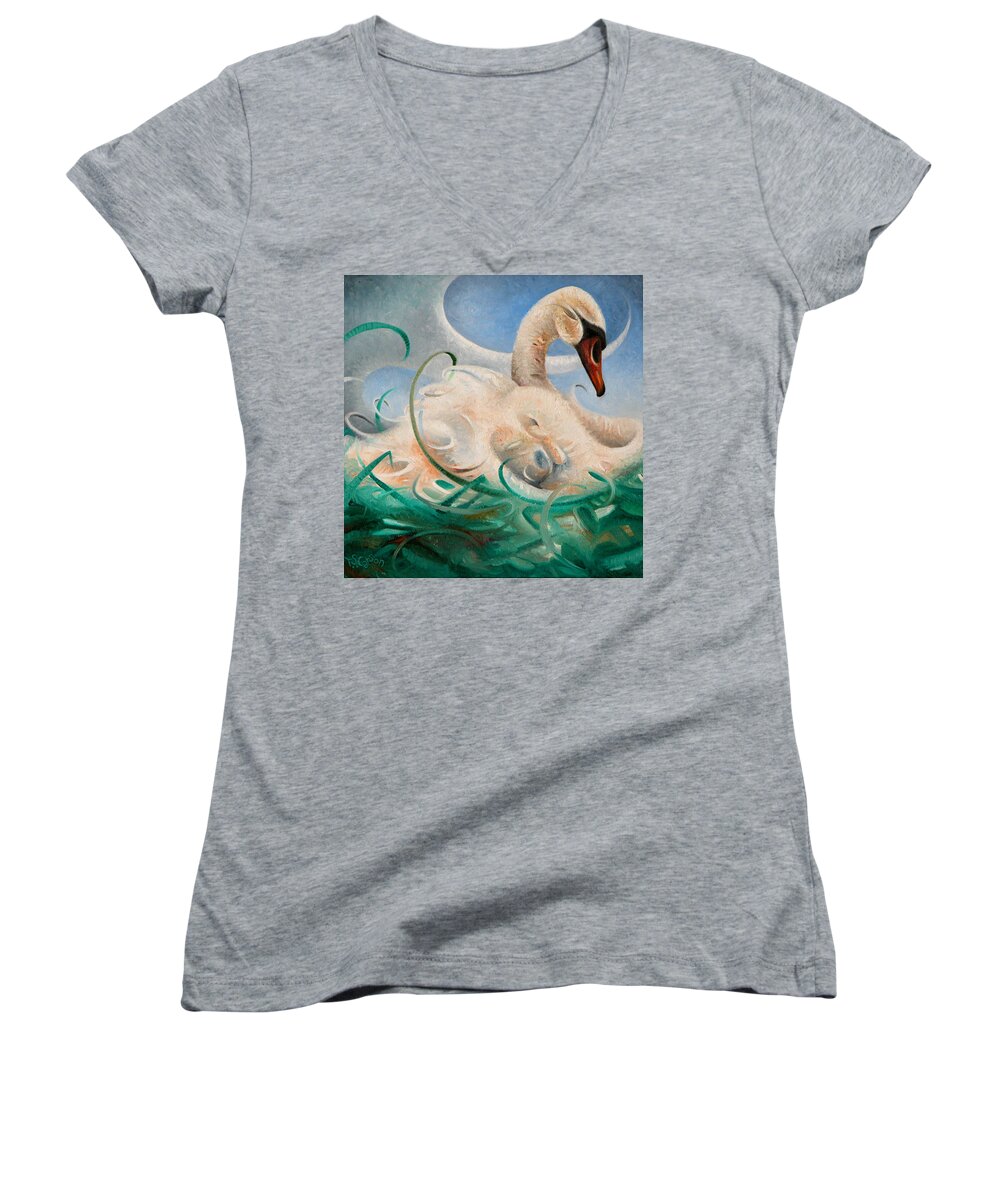 Swan Women's V-Neck featuring the painting A Swan Song by T S Carson