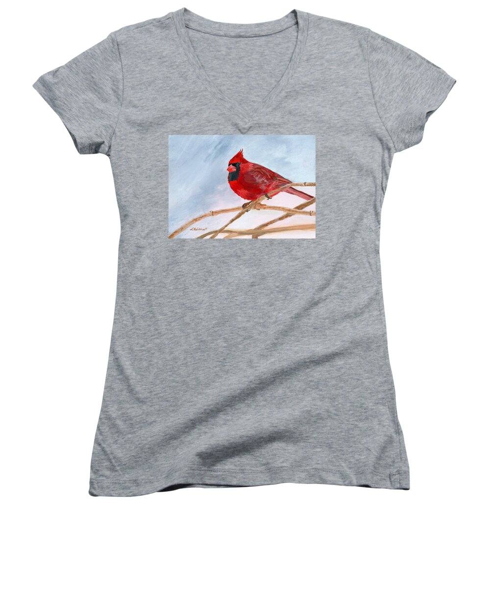 Cardinal Women's V-Neck featuring the painting A Touch of Red by Lynne Reichhart