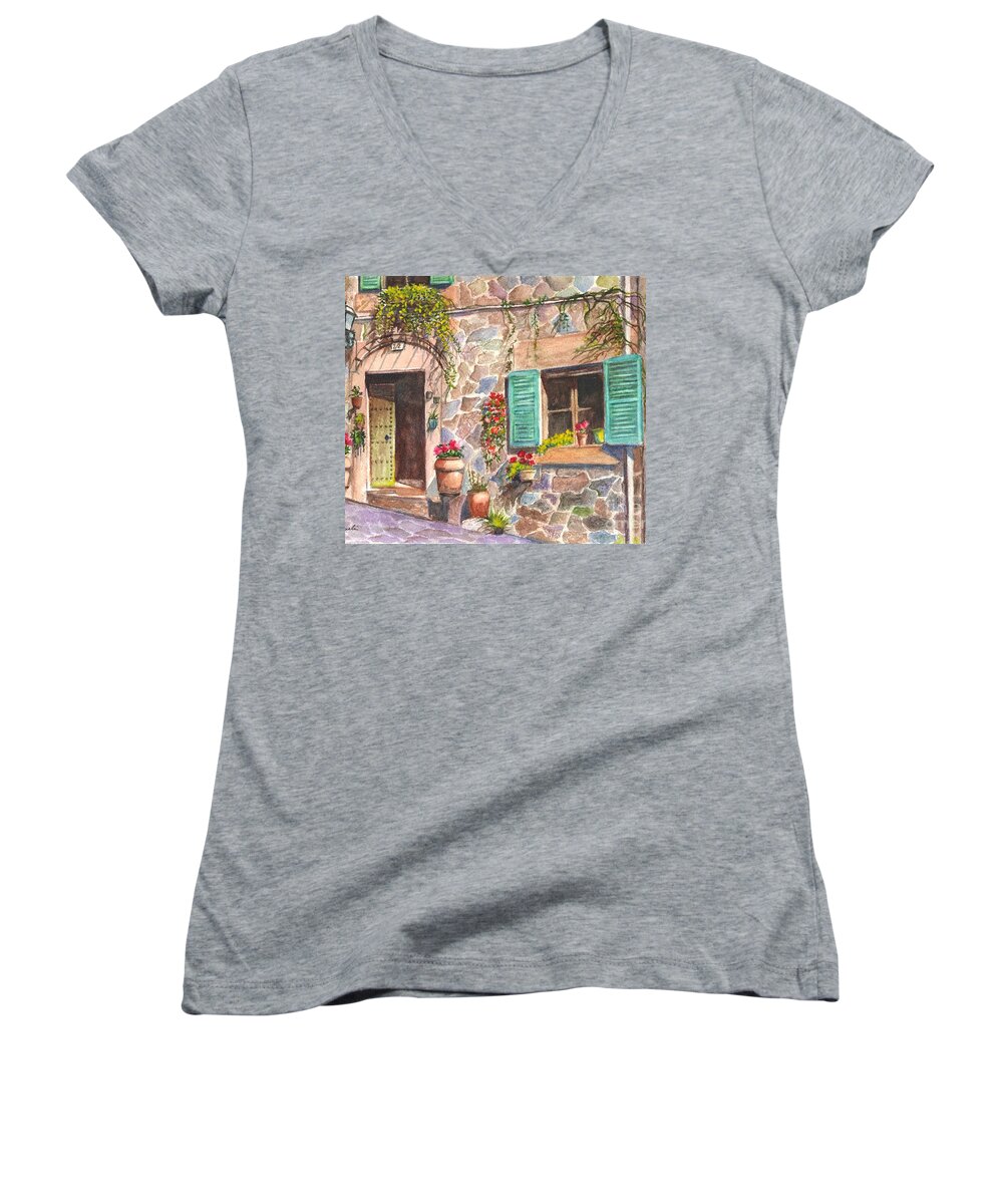 Watercolor Women's V-Neck featuring the painting A Townhouse in Majorca Spain by Carol Wisniewski