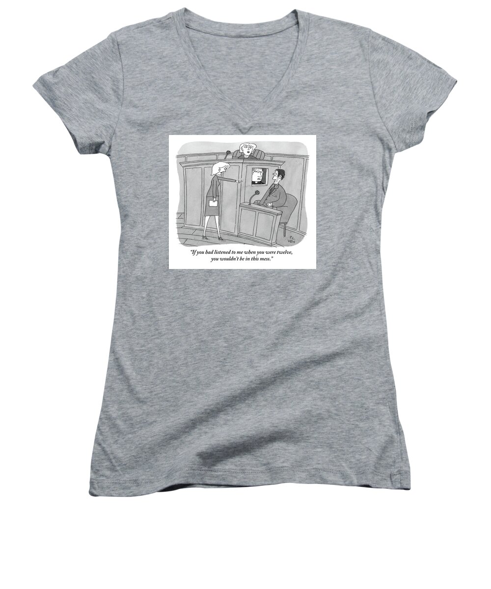 Courtroom Scenes Women's V-Neck featuring the drawing A Woman Points To A Man In A Court Room. Next by Peter C. Vey
