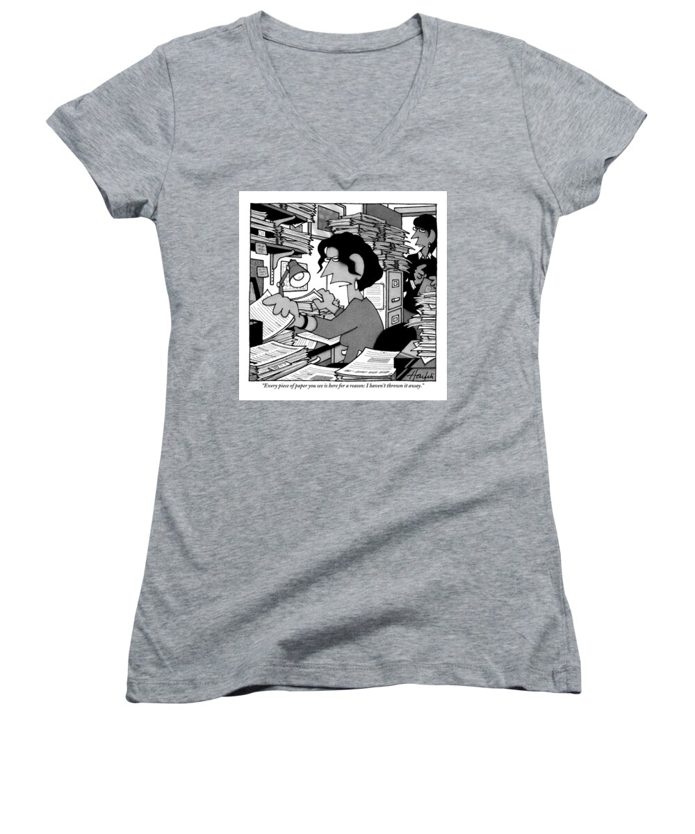 Paper Women's V-Neck featuring the drawing A Woman Sitting At A Disorganized Desk Covered by William Haefeli