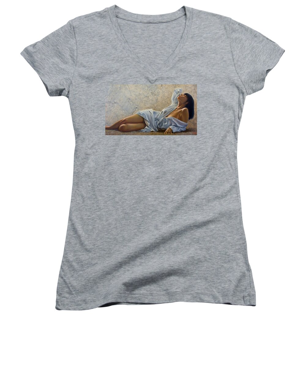 Erotic Women's V-Neck featuring the painting Abandon by John Silver
