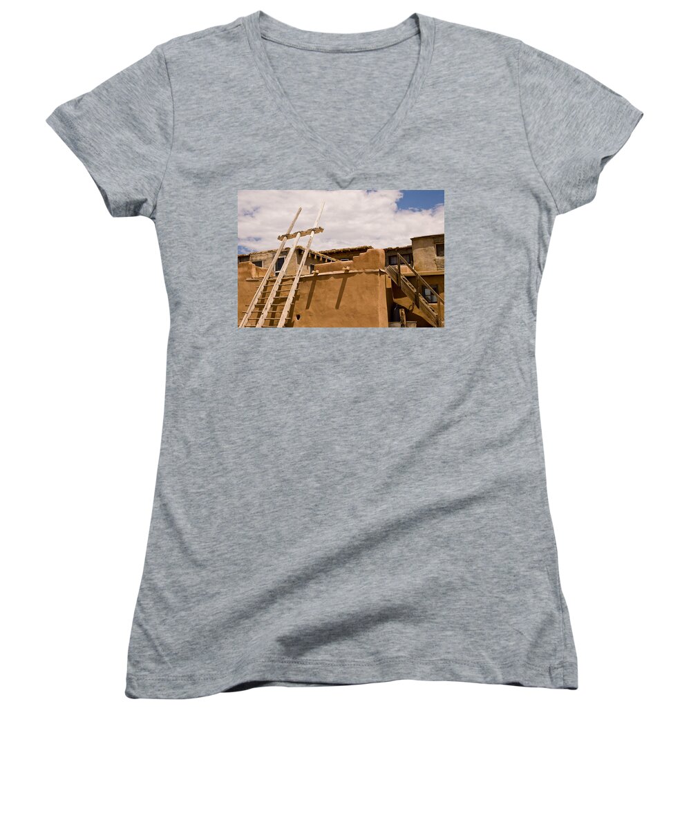 A Building On Acoma Pueblo Women's V-Neck featuring the photograph Acoma Building by James Gay
