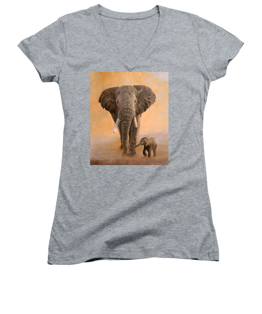 Elephant Women's V-Neck featuring the painting African Elephants by David Stribbling