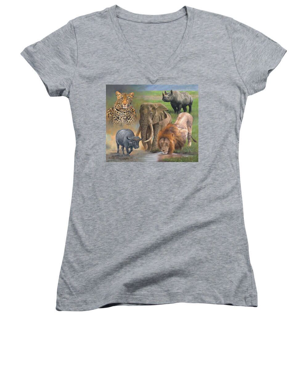 Africa Women's V-Neck featuring the painting Africa's Big Five by David Stribbling