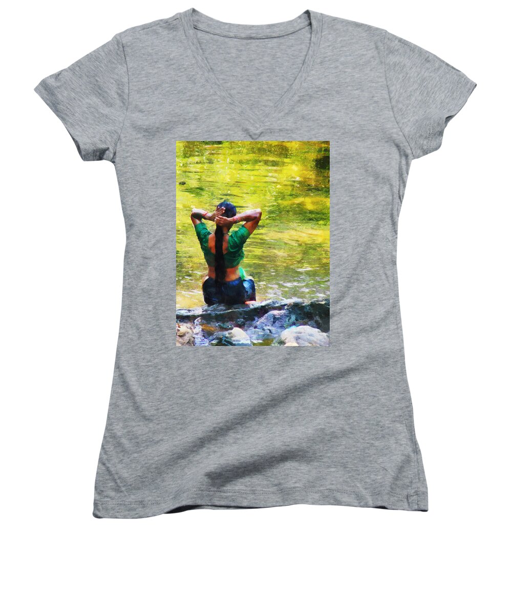 Indian Woman Women's V-Neck featuring the photograph After the River Bathing. Indian Woman. Impressionism by Jenny Rainbow
