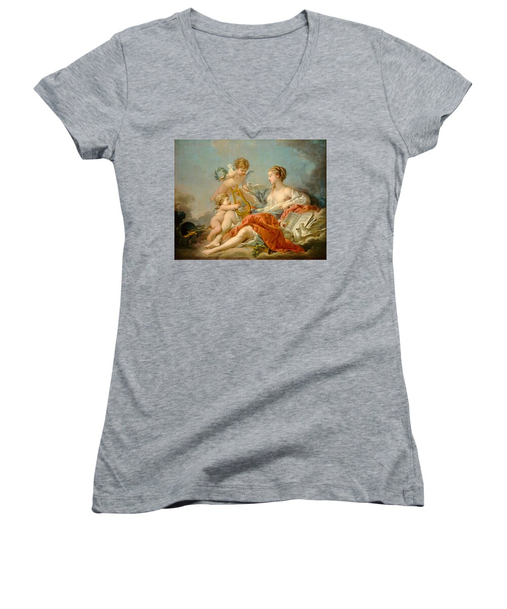 Francois Boucher Women's V-Neck featuring the painting Allegory of Music by Francois Boucher