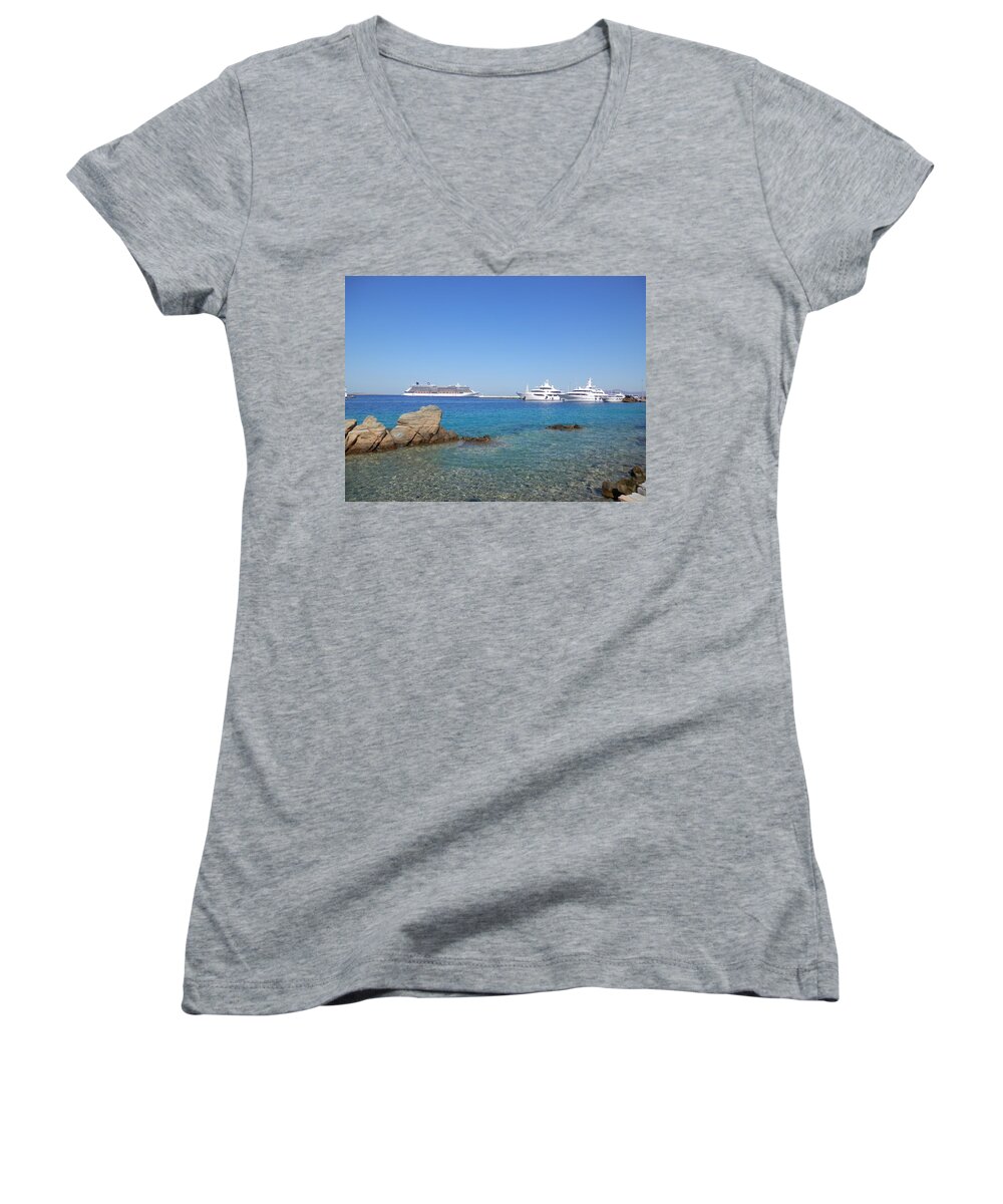 Ship Women's V-Neck featuring the photograph Anchored Ships by Pema Hou