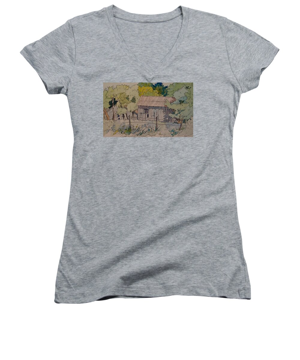 Barns Women's V-Neck featuring the painting Anderson Barns by Terry Holliday