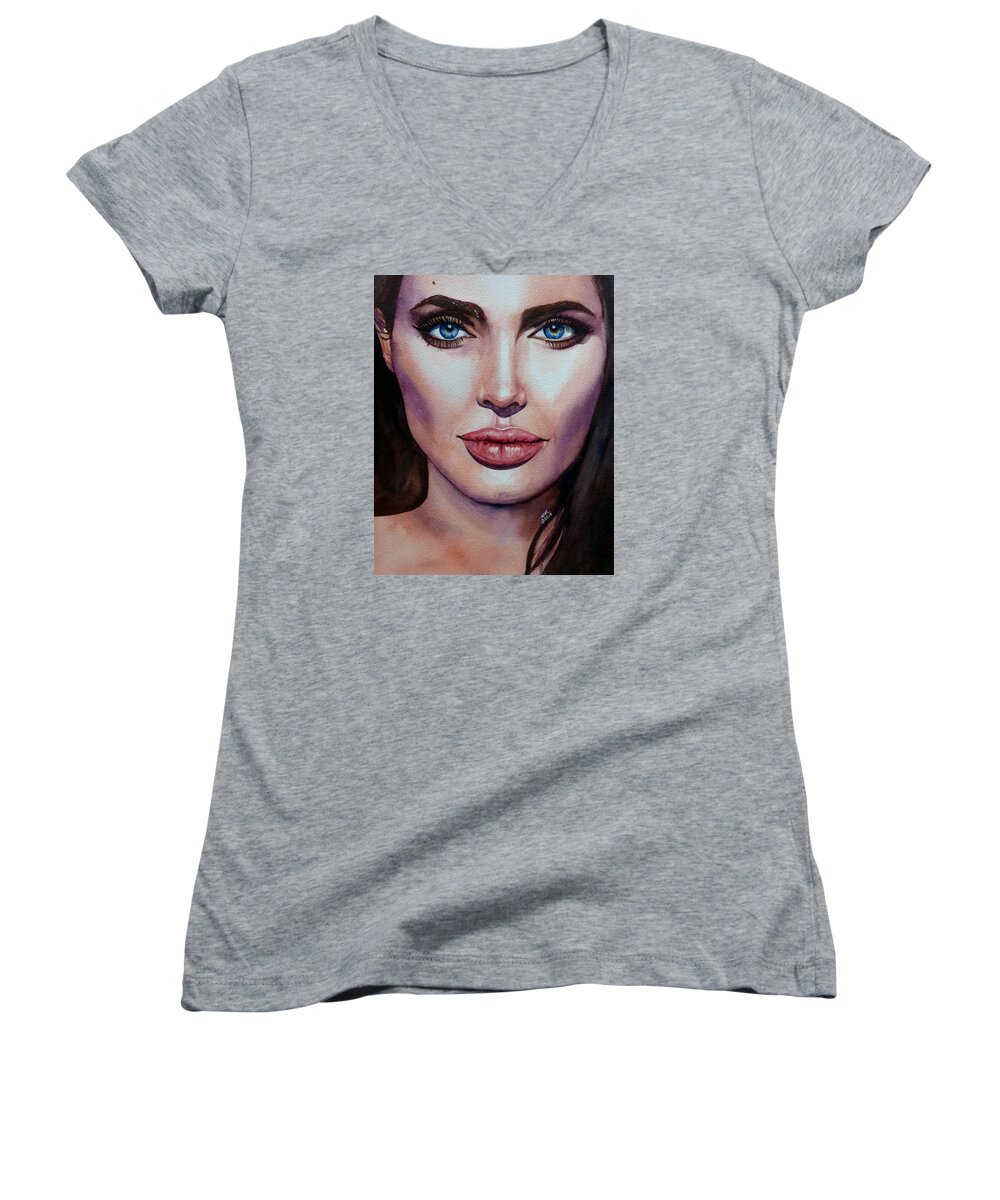 Angelina Jolie Women's V-Neck featuring the painting Angelina by Michal Madison