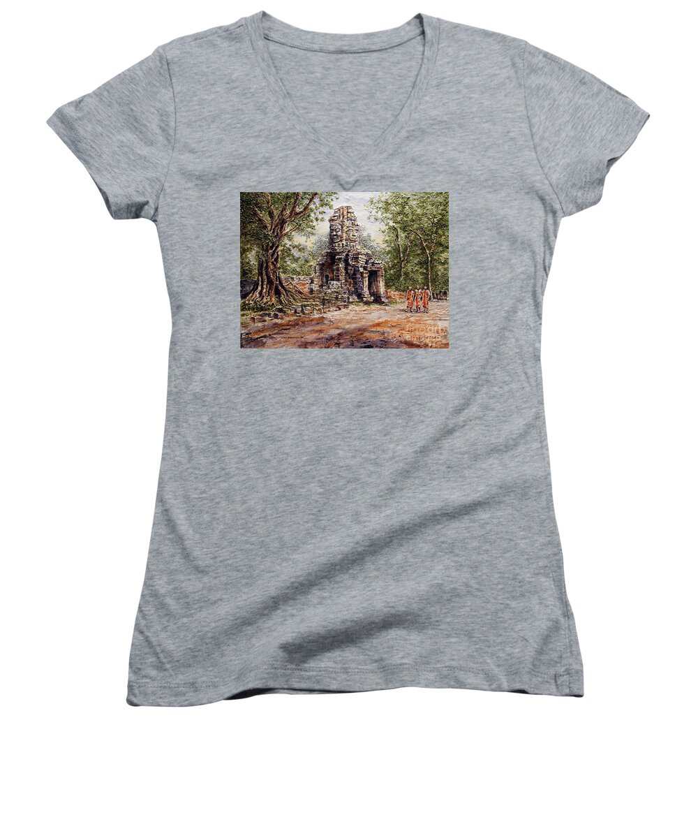 Monks Women's V-Neck featuring the painting Angkor Temple Gate by Joey Agbayani