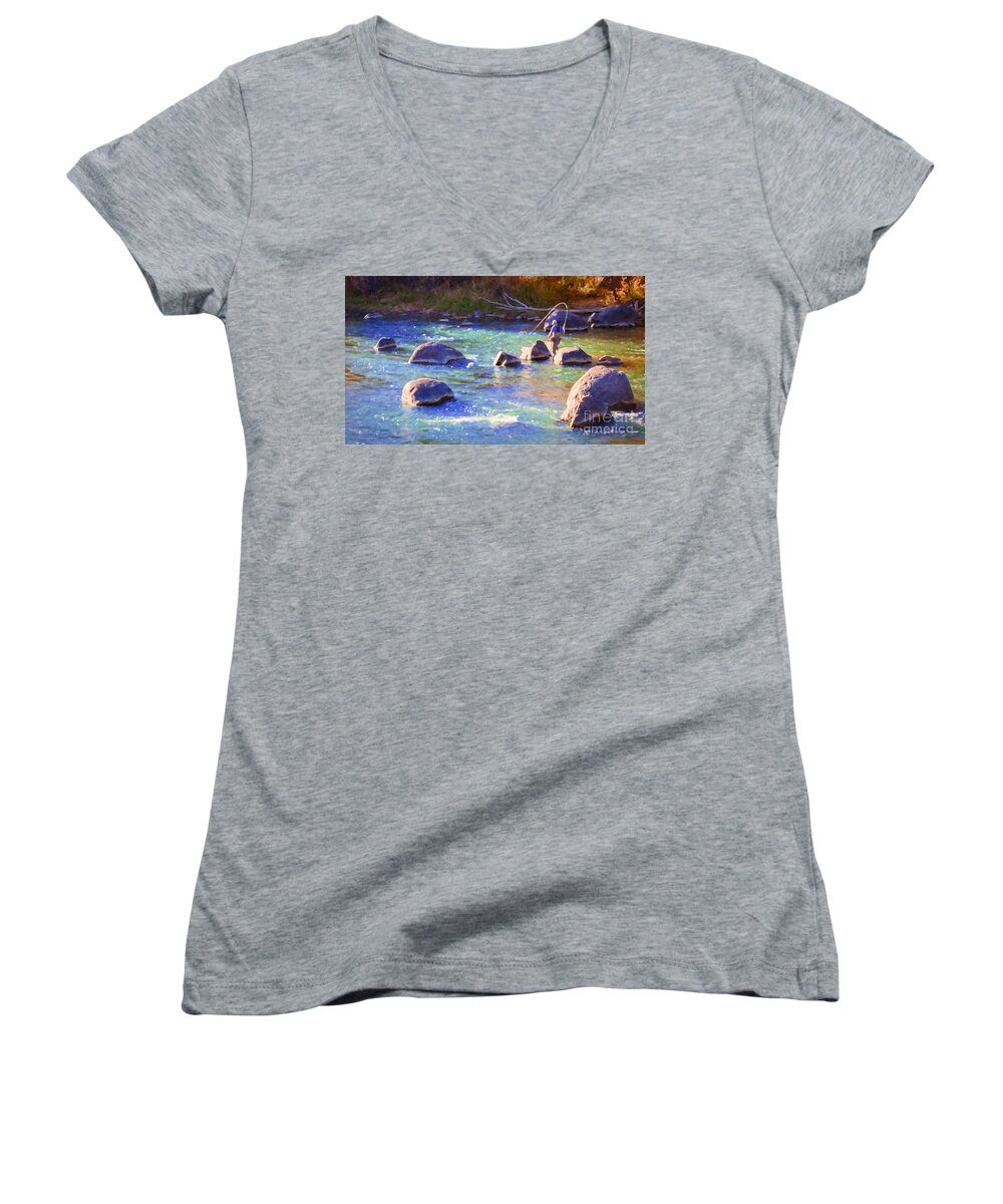 River Women's V-Neck featuring the painting Animas River Fly Fishing by Janice Pariza