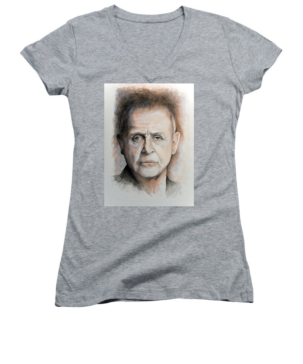 Celebrity Women's V-Neck featuring the painting Anthony Hopkins by William Walts