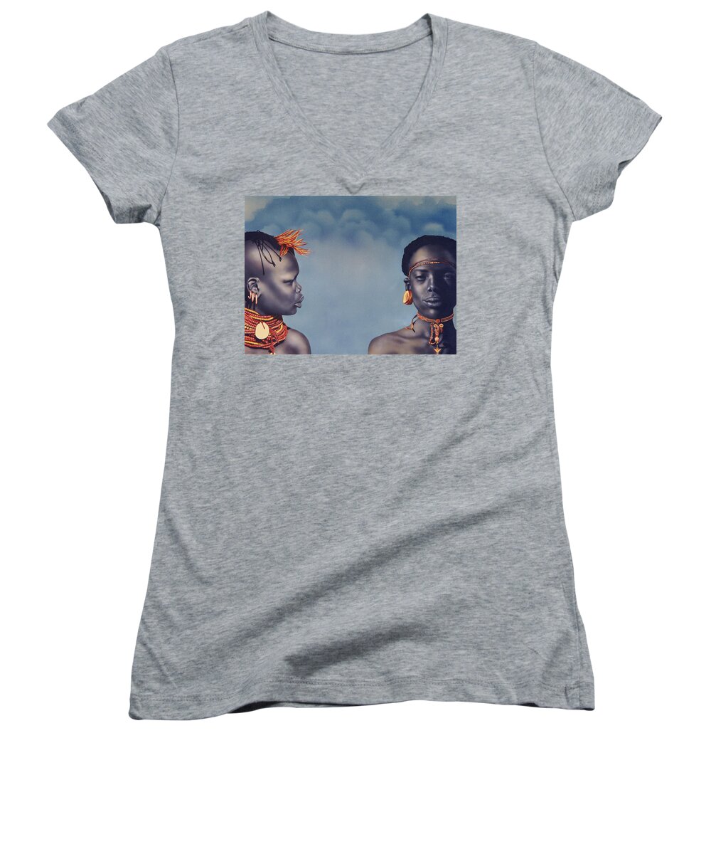 Airbrush Women's V-Neck featuring the painting Are You Listening to Me by Greg Kopriva
