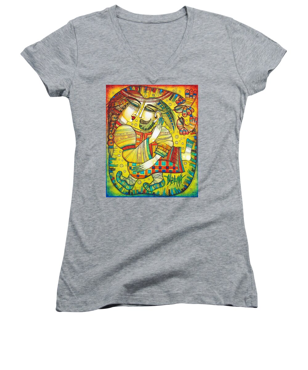 Albena Women's V-Neck featuring the painting At Last I Found You by Albena Vatcheva