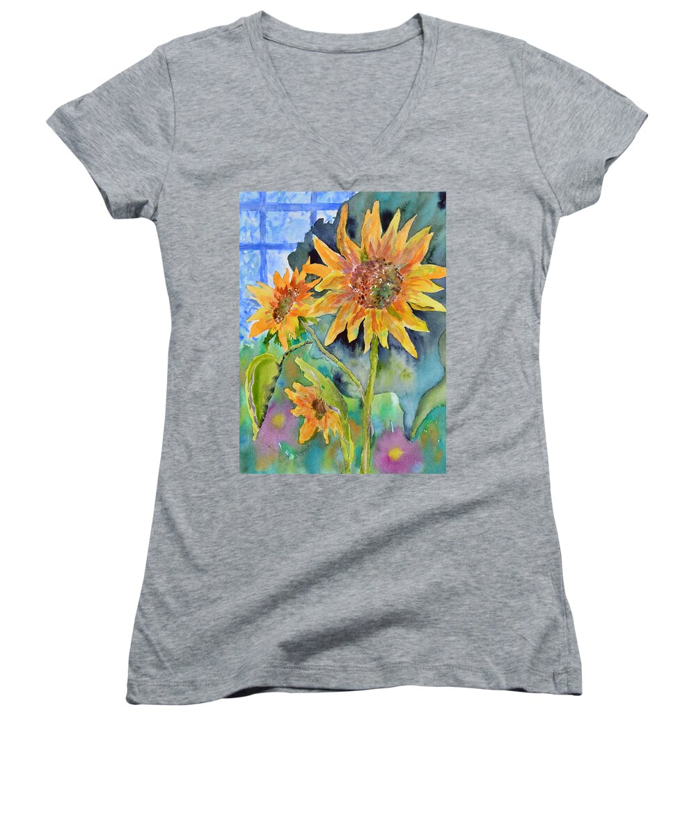 Sunflower Women's V-Neck featuring the painting Attack of the Killer Sunflowers by Beverley Harper Tinsley