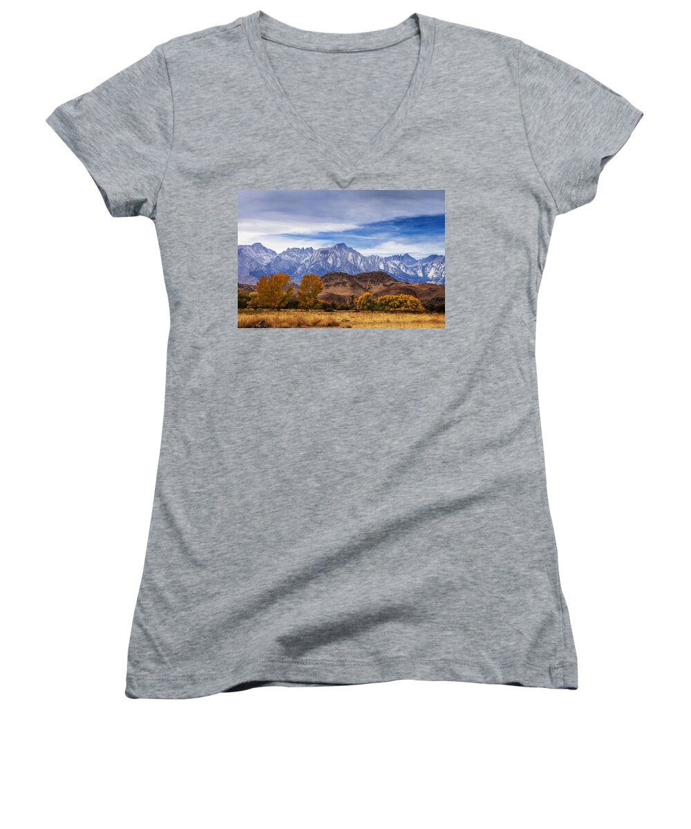 Mountain Women's V-Neck featuring the photograph Autumn Colors and Mount Whitney by Andrew Soundarajan