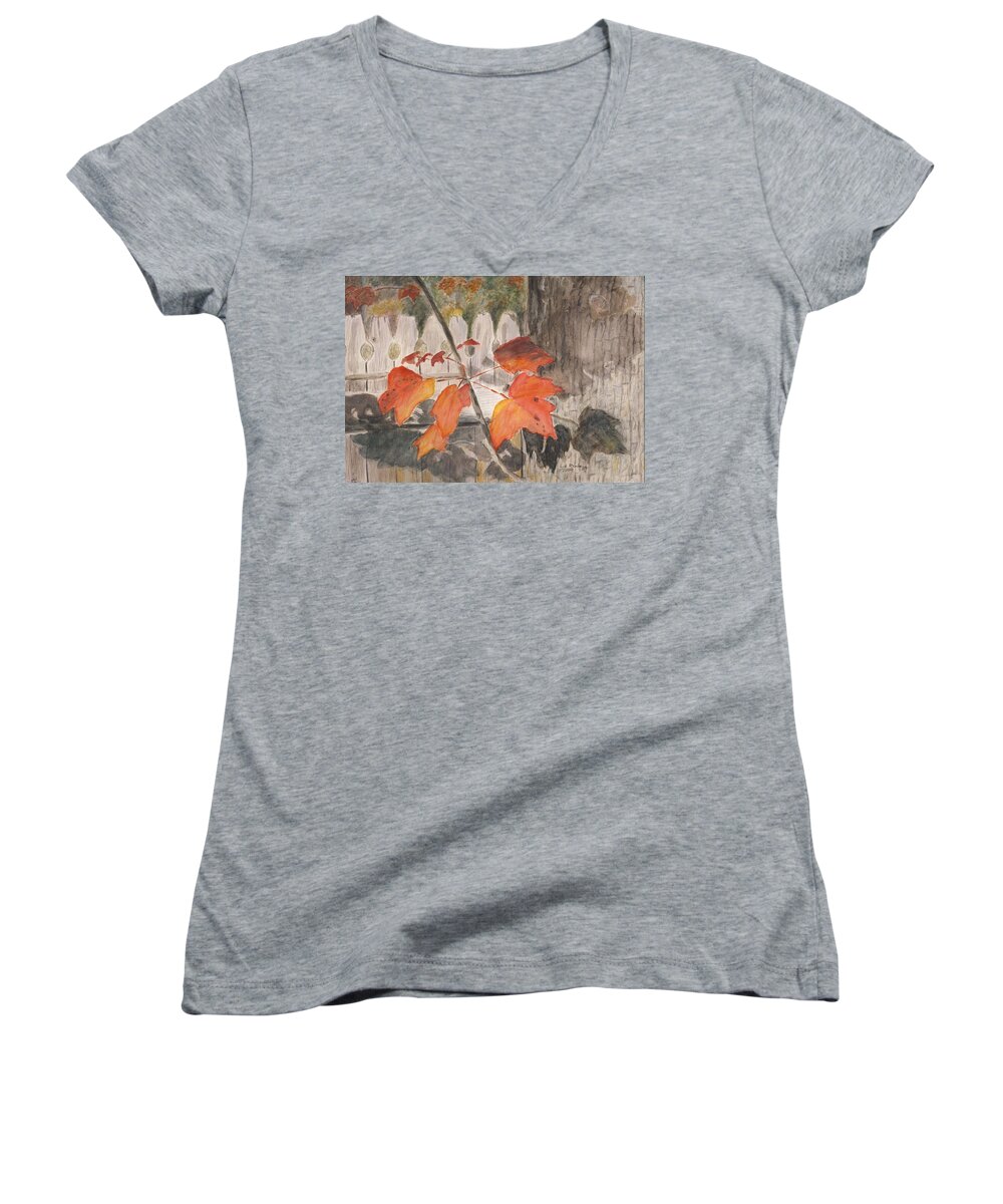 Landscape Women's V-Neck featuring the painting Autumn Leaves on Belmont St by Linda Feinberg