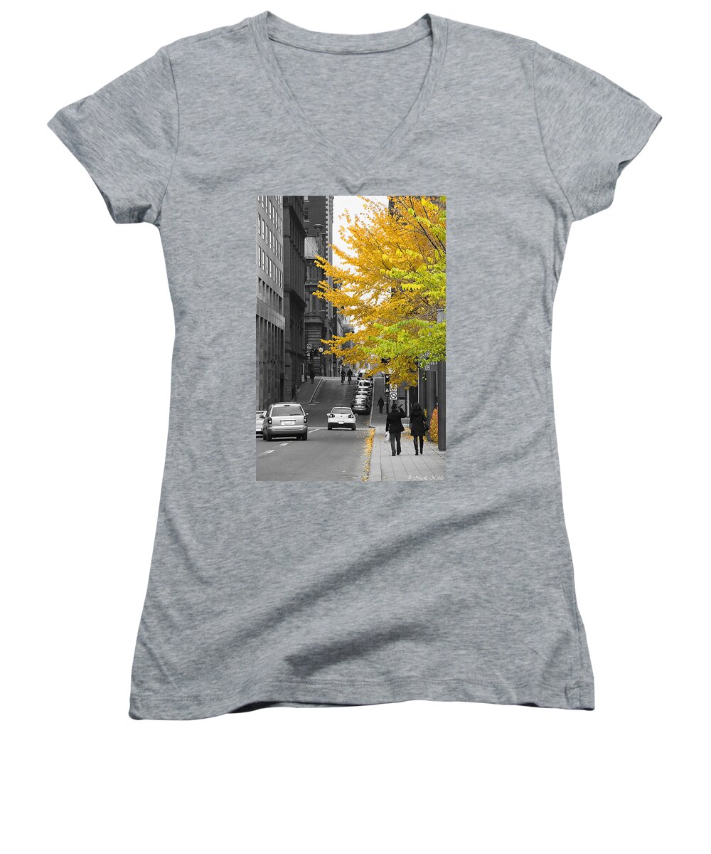 Old Montreal Women's V-Neck featuring the photograph Autumn Stroll by Nicola Nobile
