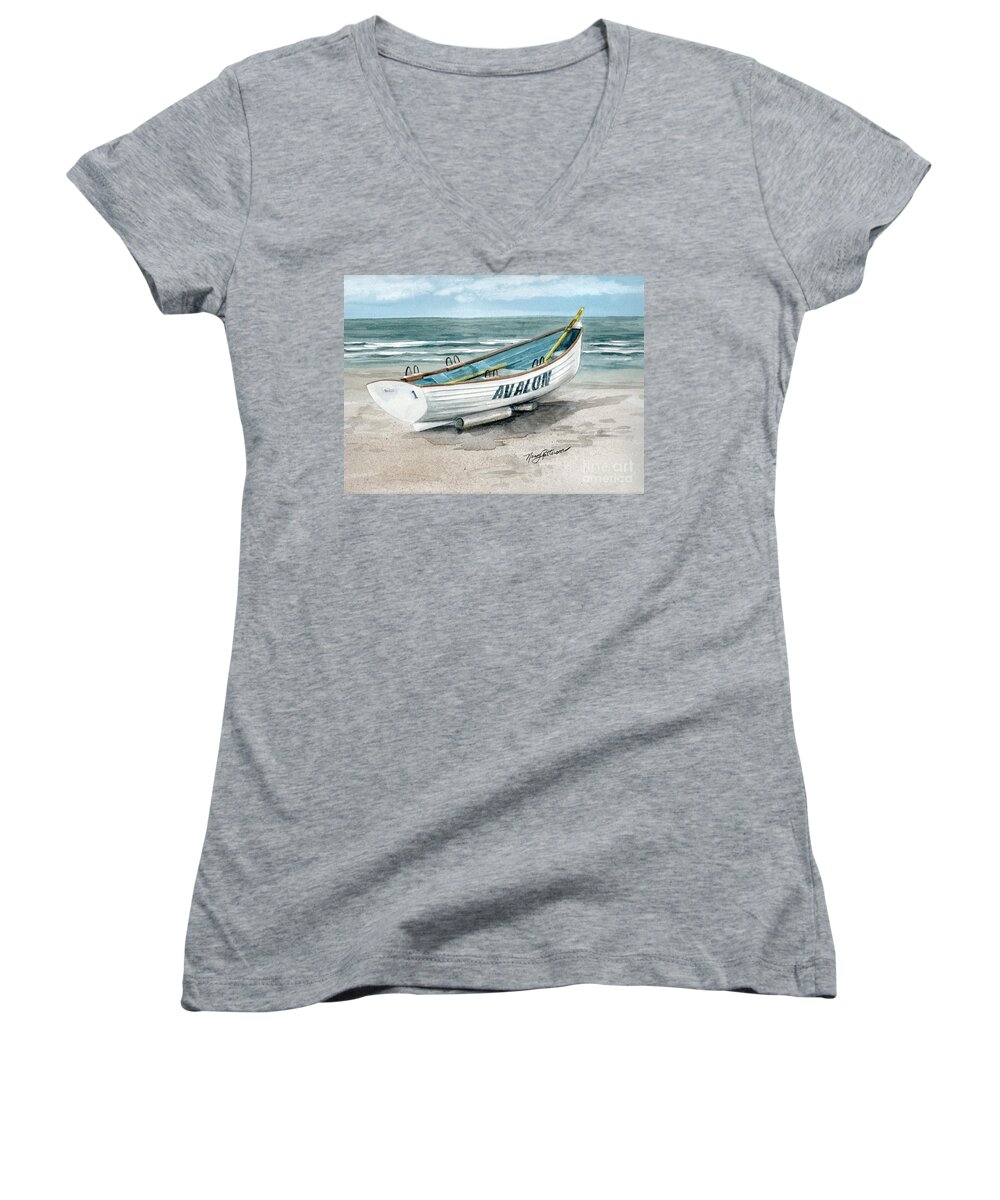Lifeguard Boat Women's V-Neck featuring the painting Avalon Lifeguard Boat by Nancy Patterson