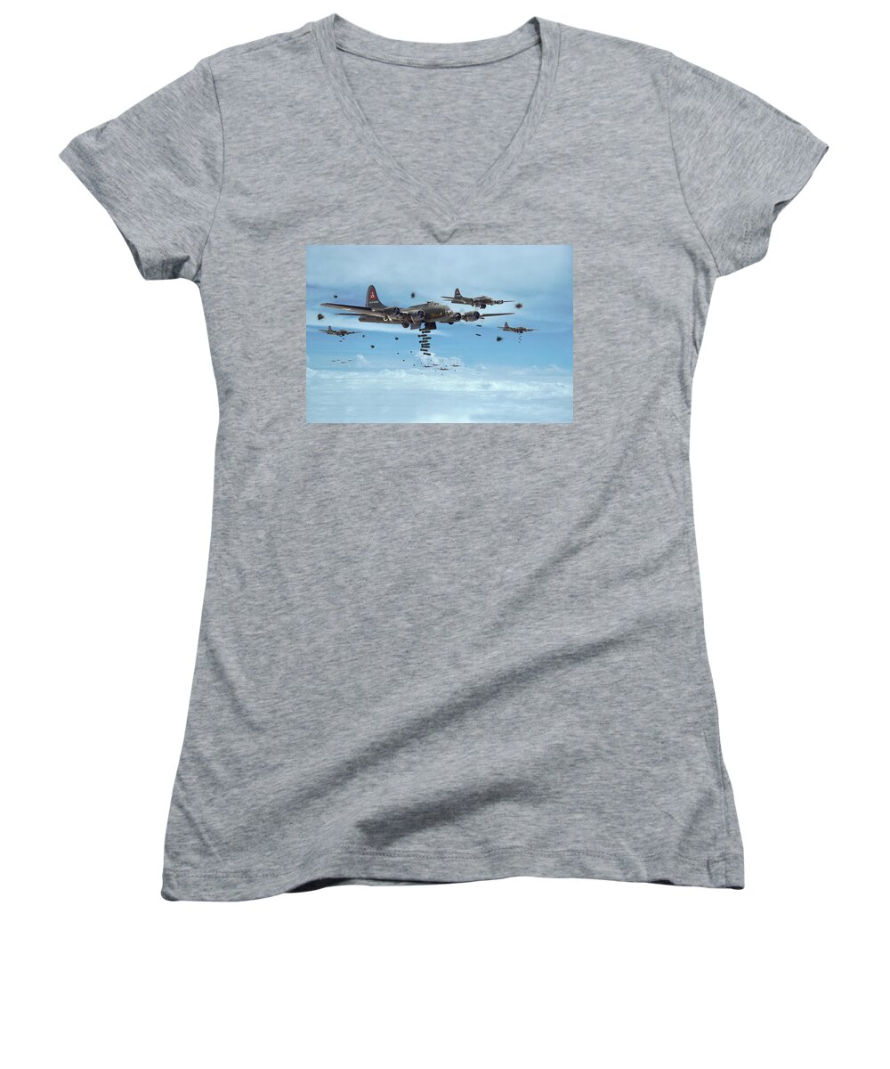 Aircraft Women's V-Neck featuring the photograph B17 - Mighty 8th Arrives by Pat Speirs