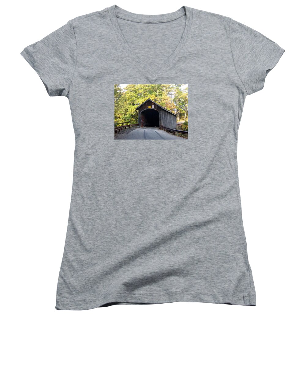 Bridges Photographs Women's V-Neck featuring the photograph Babbs Covered Bridge by Catherine Gagne