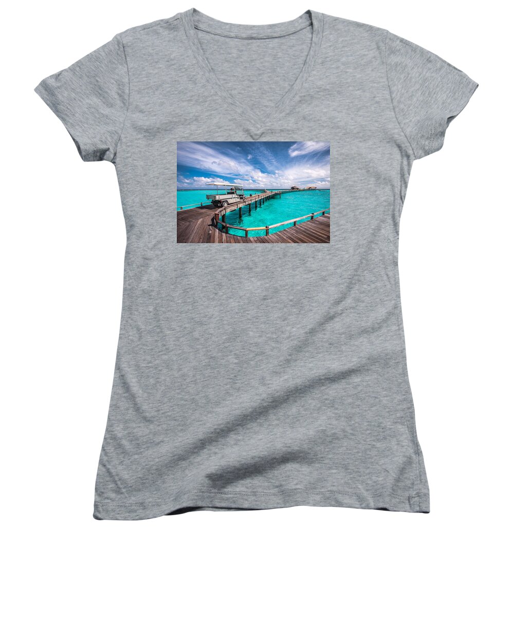 Exotic Women's V-Neck featuring the photograph Baggy on the Jetty over the Blue Lagoon by Jenny Rainbow