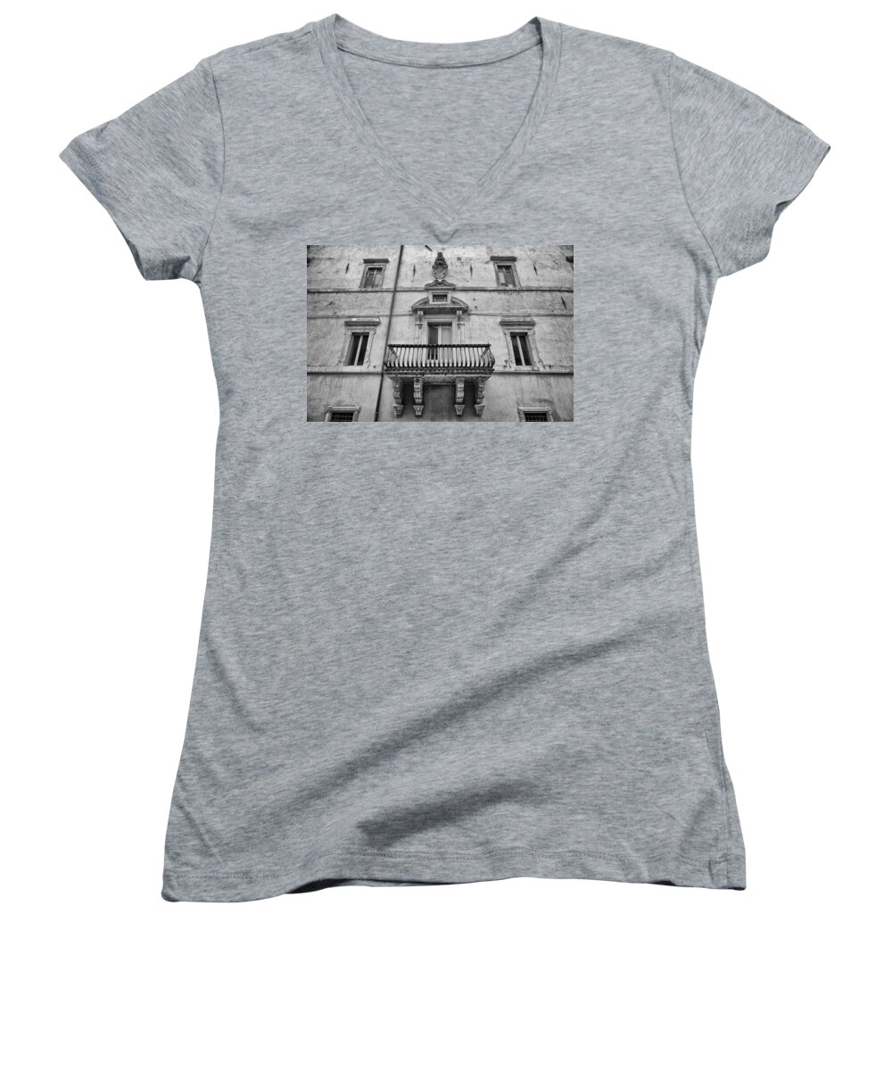 Facade Women's V-Neck featuring the photograph Balcony in Assisi by Pablo Lopez