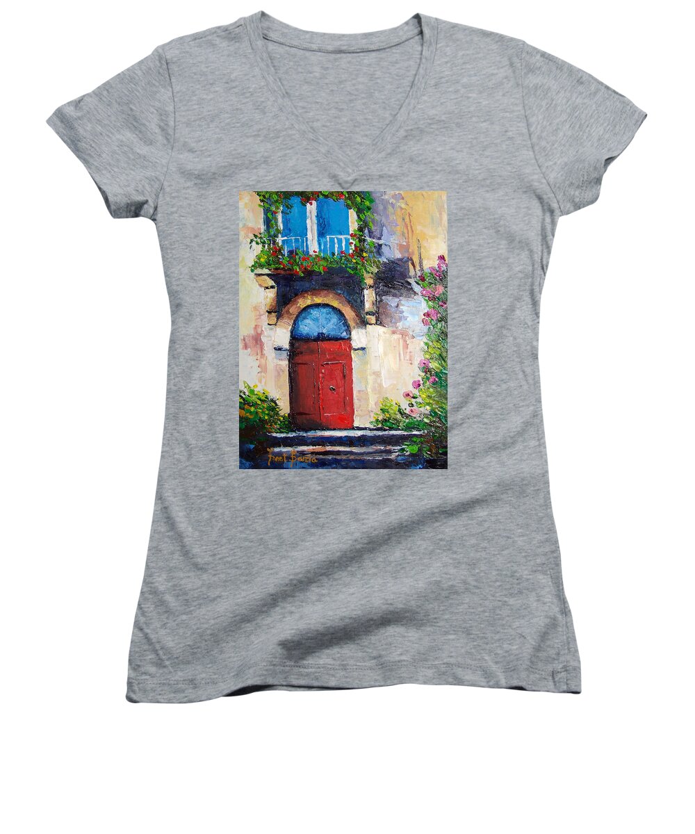 Balcony Women's V-Neck featuring the painting Balcony by Janet Garcia