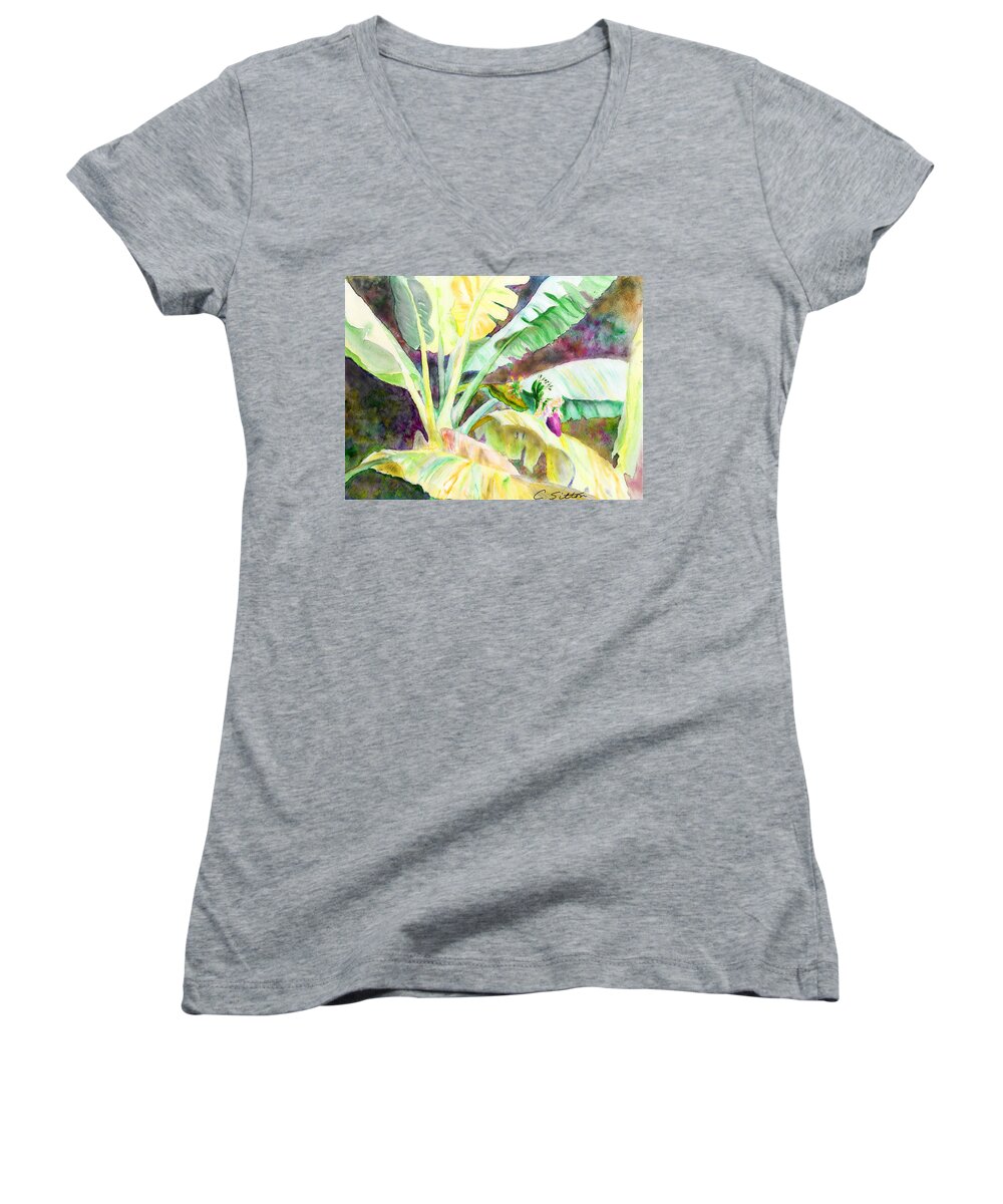 Tropical Paintings Women's V-Neck featuring the painting Banana Tree by C Sitton