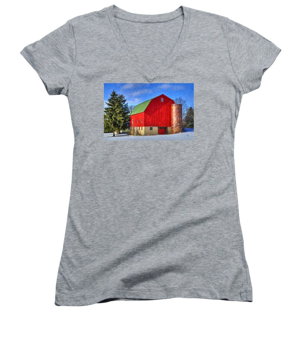 Rural Women's V-Neck featuring the painting Barn in Winter by Dean Wittle