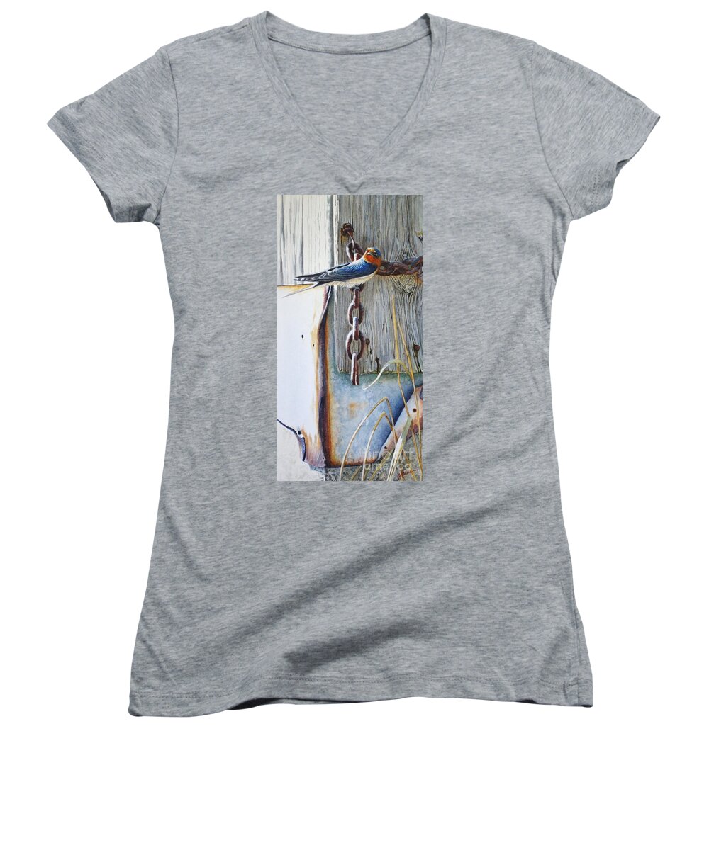 Barn Swallow Women's V-Neck featuring the painting Barn Swallow by Greg and Linda Halom