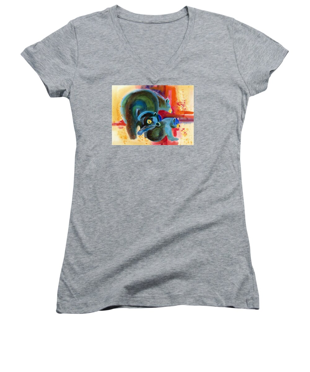 Paintings Women's V-Neck featuring the painting Bear Family in Red by Kathy Braud