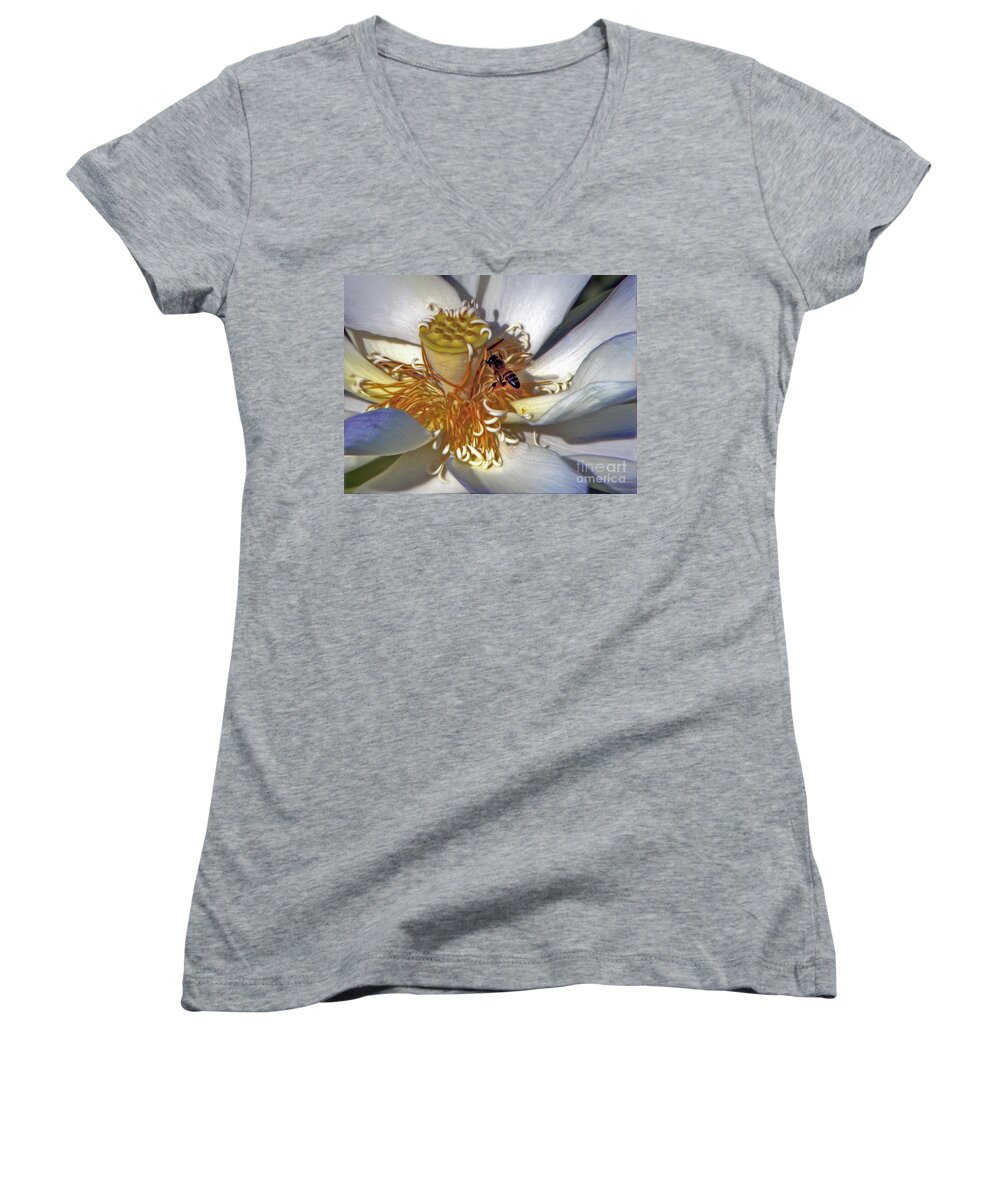 Bee Women's V-Neck featuring the photograph Bee On Lotus by Savannah Gibbs