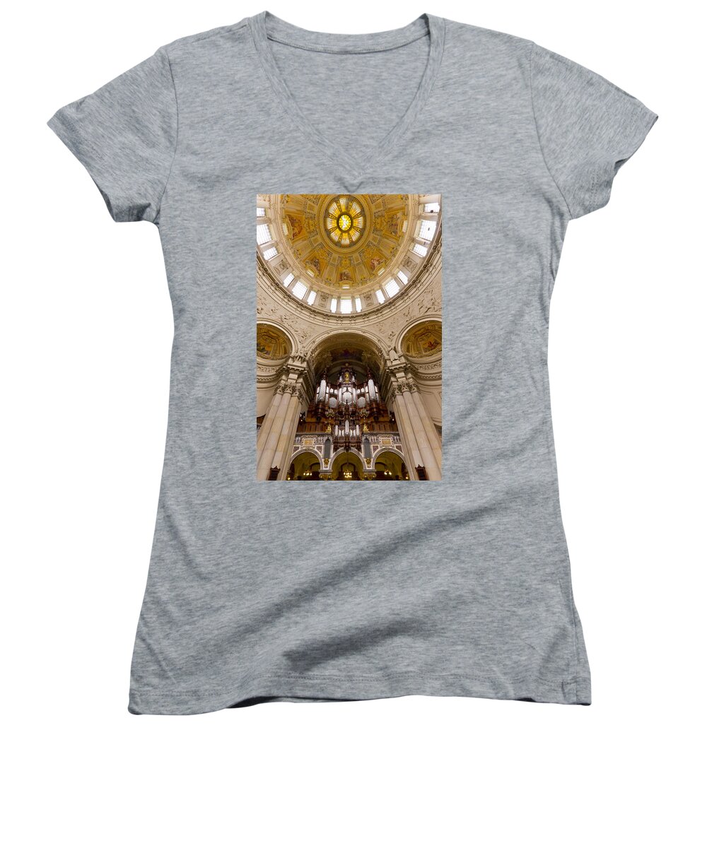 Organ Women's V-Neck featuring the photograph Berliner Dom organ and ceiling by Jenny Setchell