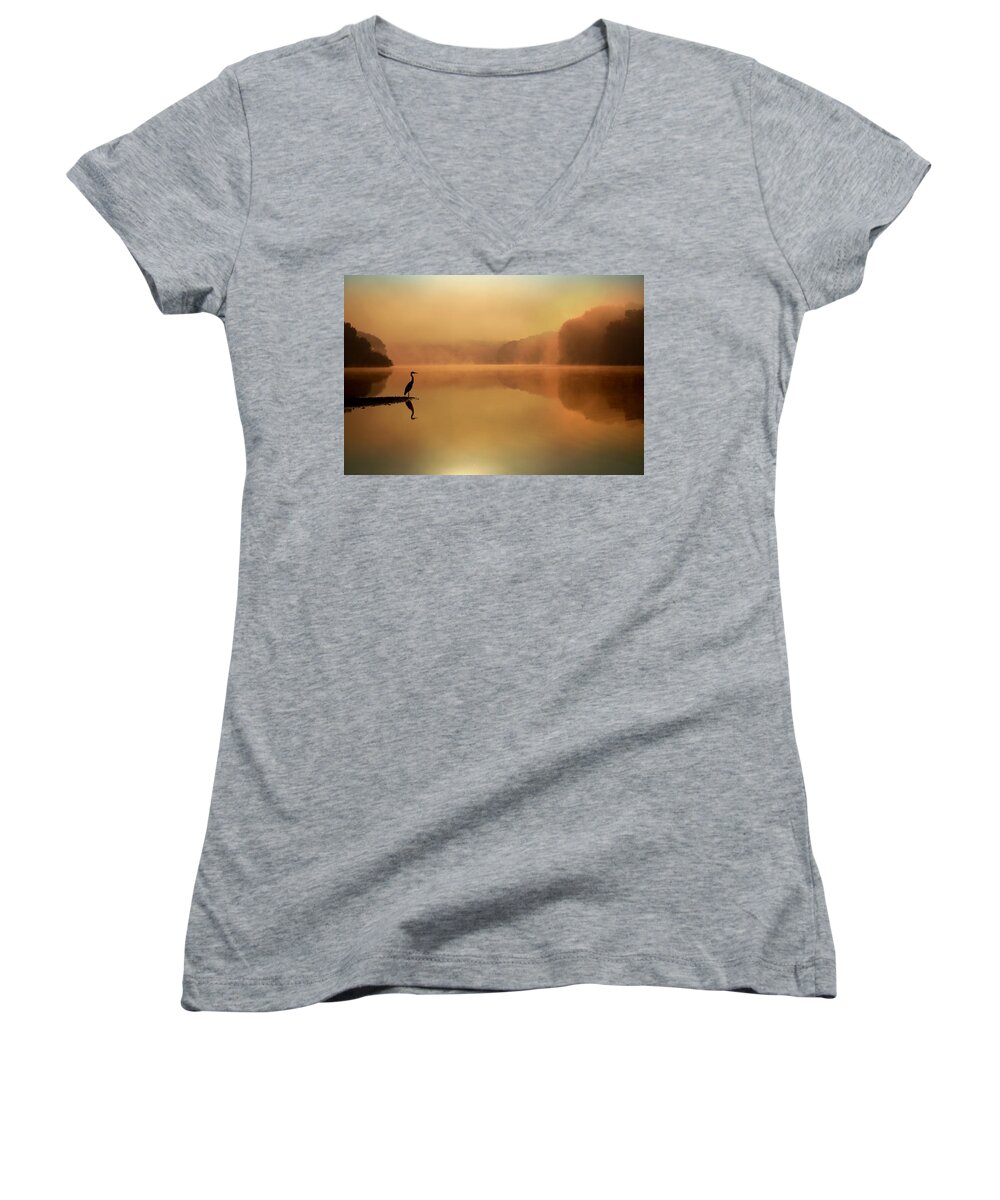 Blue Heron Women's V-Neck featuring the photograph Beside Still Waters by Rob Blair