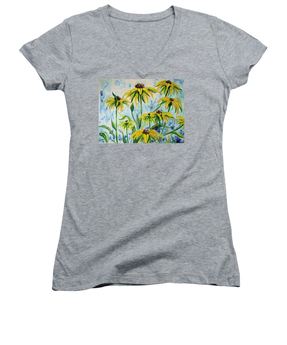 Black-eyed Suzan Women's V-Neck featuring the painting Black Eyed Suzans Dream by Nicole Angell