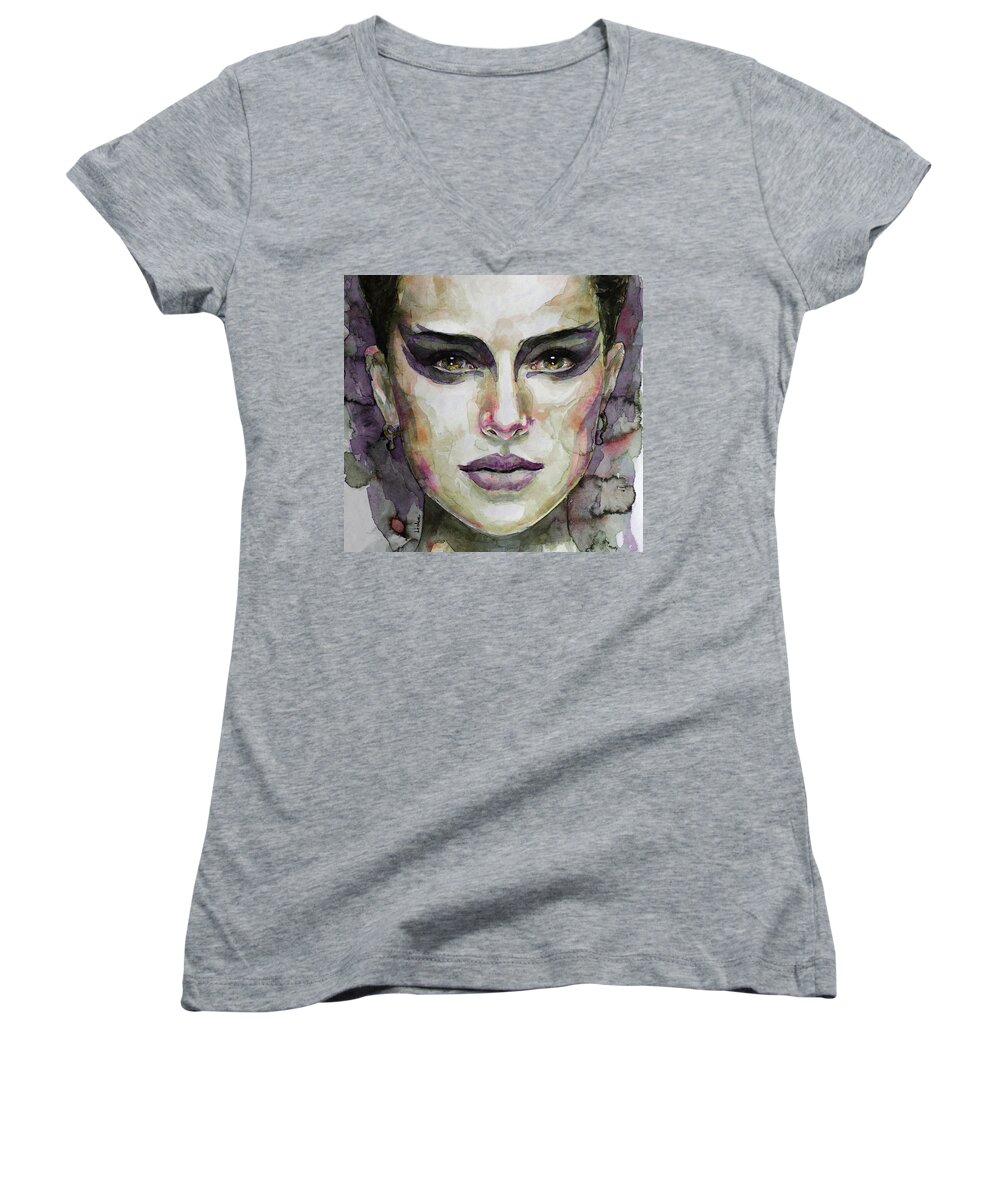Natalie Portman Women's V-Neck featuring the painting Black Swan by Laur Iduc